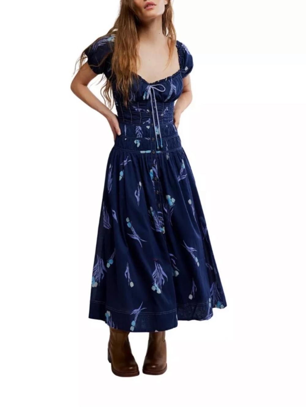 Free People “Complete Me” Navy Floral Midi Dress